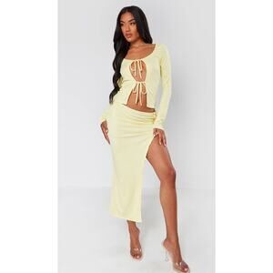 PrettyLittleThing Plus Pale Yellow Ribbed Tie Detail Skirt Set US Size 14